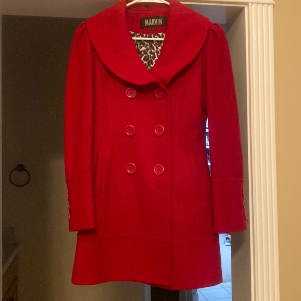 Red wool peacoat.